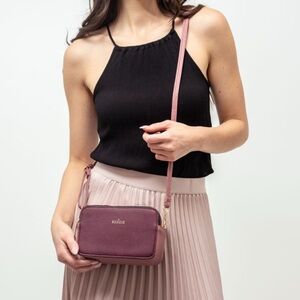 Kedzie Modernist Vegan Leather Double Zipper Small Crossbody. Wine color.